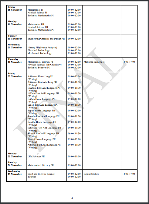 IEB exam timetable 2019 
