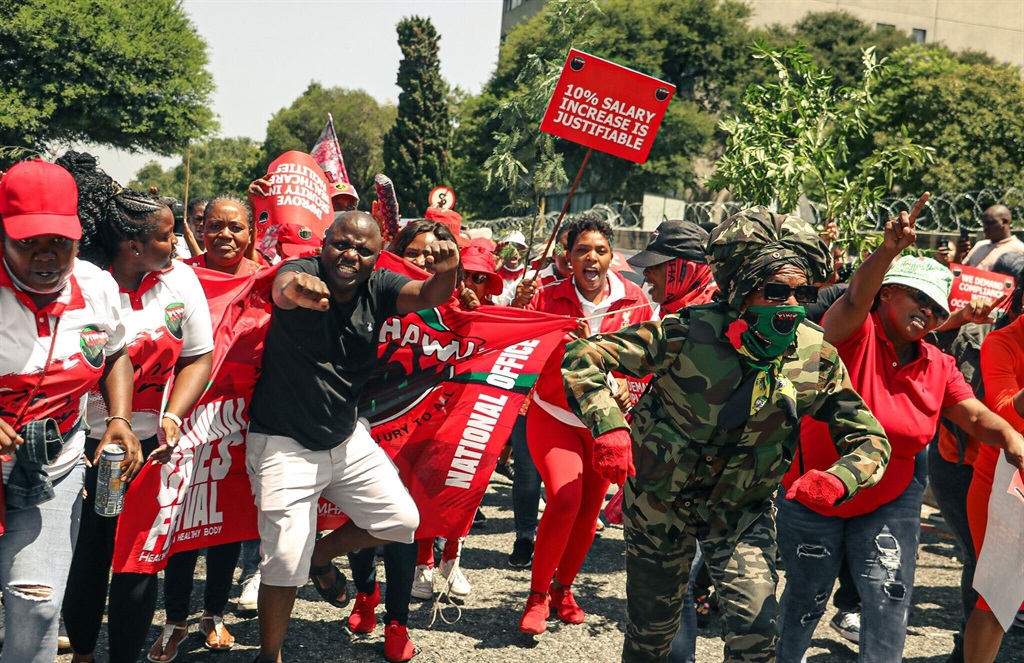 Hypocritical oath | Striking Nehawu members singing and chanting struggle songs outside Charlotte Maxeke Hospital in Johannesburg during an illegal strike last week. 