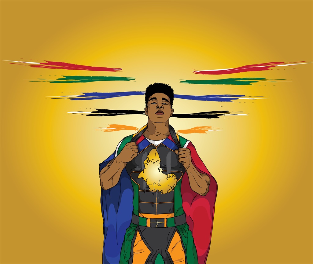 The hero rises. Artwork: Omphile Dibodu (Published by Rainbow Nation Comics)