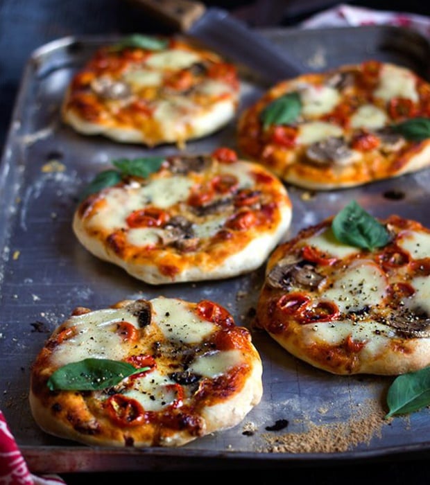 homemade mushroom and tomato mini pizzas 