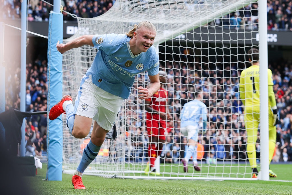 MANCHESTER, ENGLAND - MAY 04: Erling Haaland of Manchester City celebrates after scoring his sides second goal during the Premier League match between Manchester City and Wolverhampton Wanderers at Etihad Stadium on May 04, 2024 in Manchester, England. (Photo by James Gill - Danehouse/Getty Images)