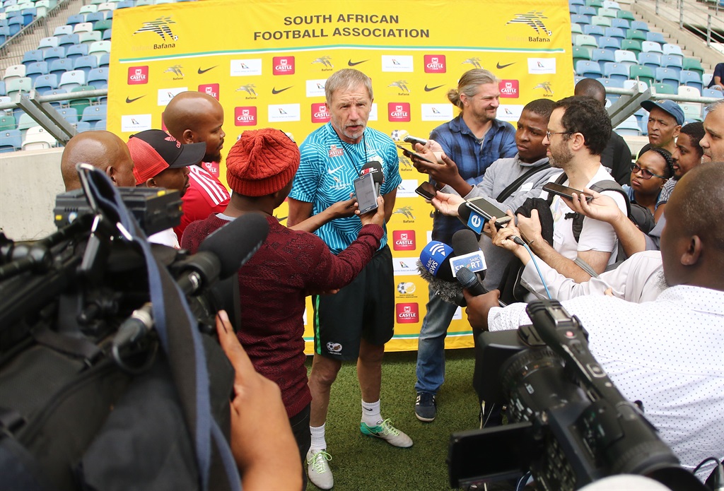 Bafana Bafana coach Stuart Baxter speaks to the media during the team’s training session at Moses Mabhida Stadium on Friday in Durban. Picture: Anesh Debiky / Gallo Images