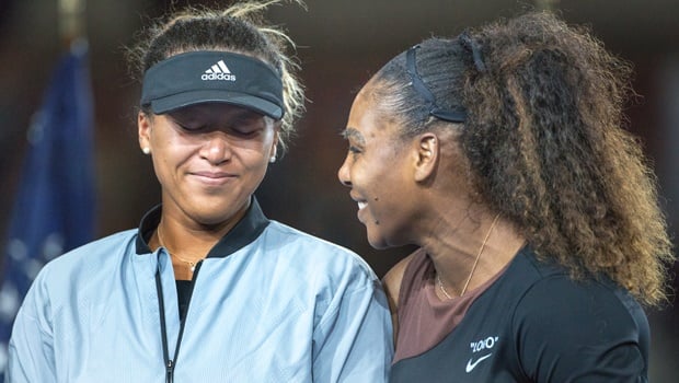 Naomi Osaka is emotional as Serena Williams comforts her at the presentations after the Women's Singles Final