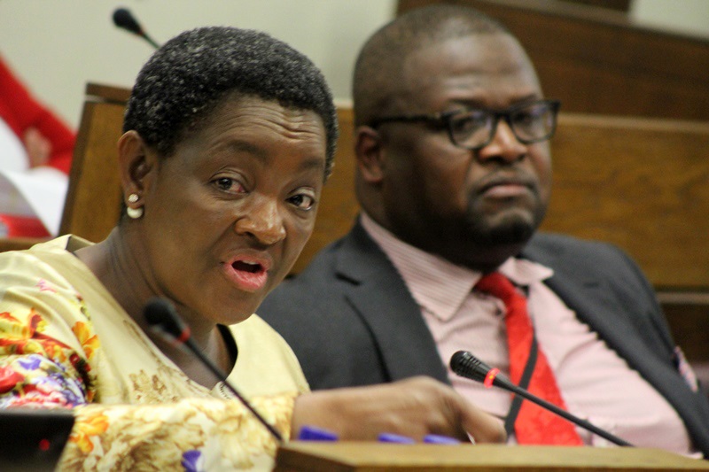 Social Development Minister Bathabile Dlamini and Sassa CEO Thokozani Magwaza in Parliament’s committee room in Cape Town. Picture: Lindile Mbontsi