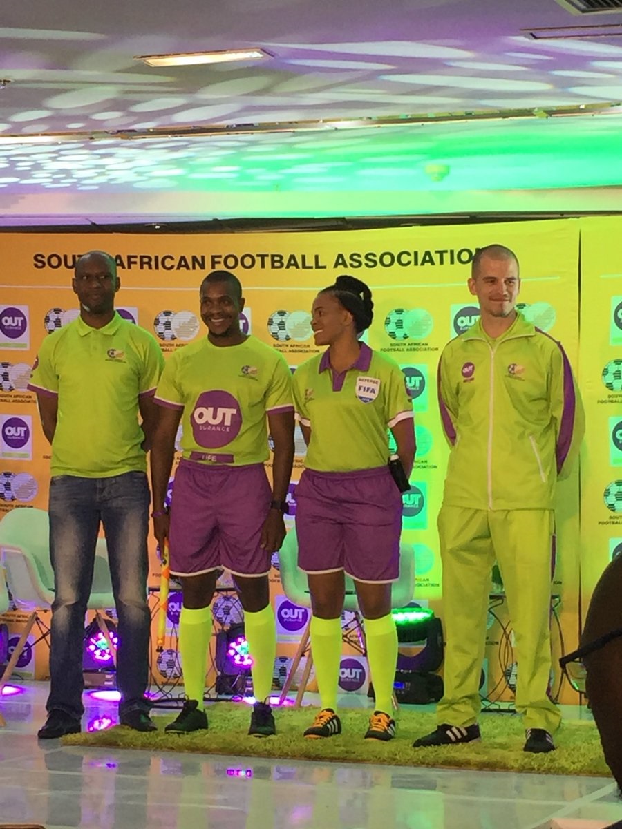 PSL match officials Victor Hlungwani, Zakhele Siwela, Akhona Makalima and Victor Gomes in their new colours. Picture: Daniel Mothowagae 