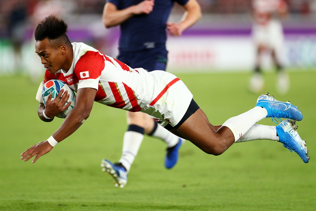 Kotaro Matsushima of Japan touches down to score their first try during the Rugby World Cup 2019 Group A game against Scotland at International Stadium Yokohama on Sunday.