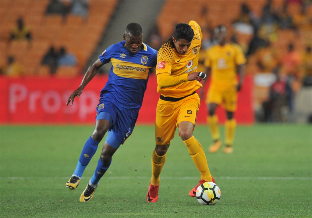 Kaizer Chiefs Leonardo Castro tackled by Thamsanqa Mkhize of Cape Town City