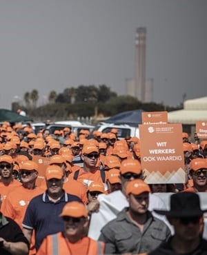 Thousands of Trade union Solidarity members take part in a protest at the Sasol plant during a shutdown against a black empowerment scheme at the chemical giant in Secunda, South Africa. (Gianluigi Guergia, AFP)