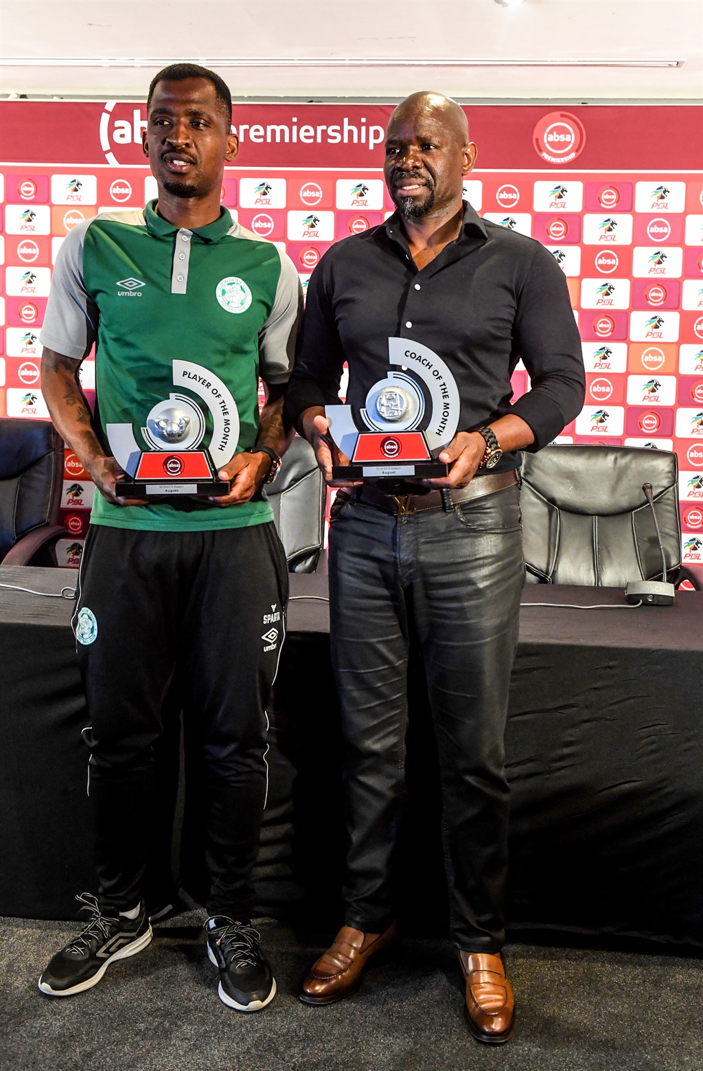 Bloemfontein Celtic duo, coach Steve Komphela and defender Alfred Ndengane with their PSL accolades. Photo: Gallo Images  