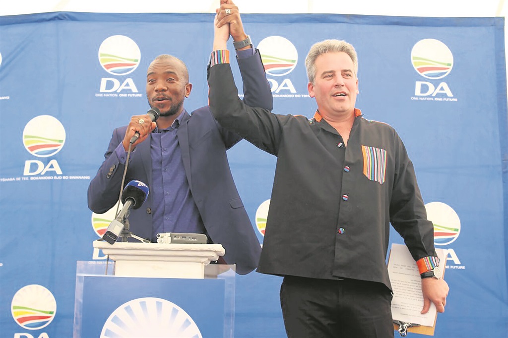 LEFT: Mmusi Maimane celebrates with Jacques Smalle (right) after Smalle was announced as the DA’s candidate for Limpopo premier ahead of the general election next year.                         Photo by Judas Sekwela