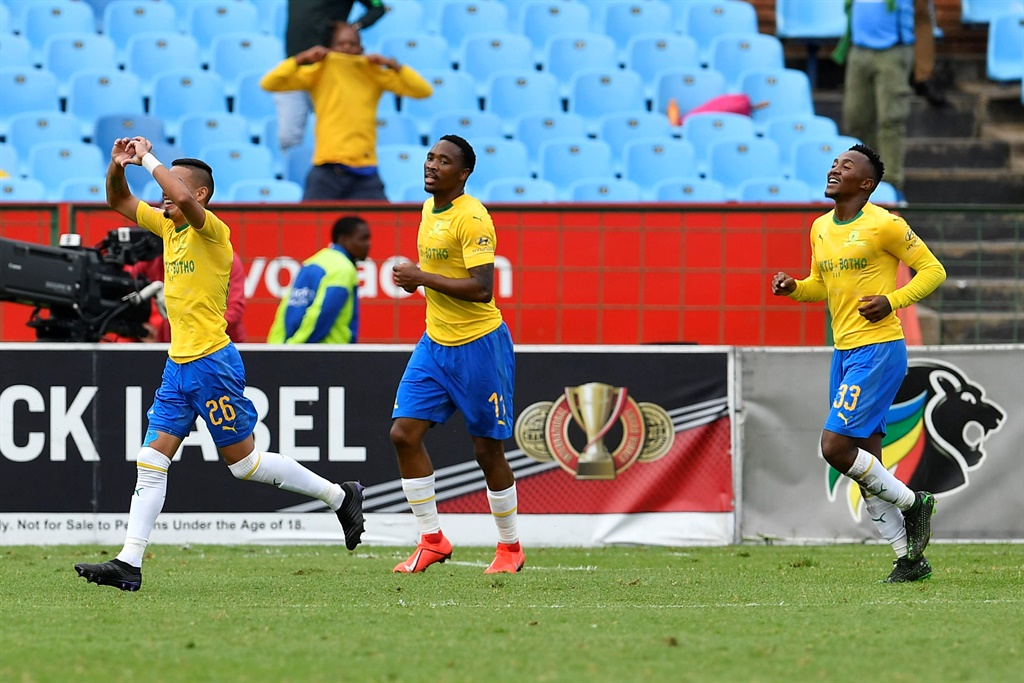 Mamelodi Sundowns star Gaston Sirino celebrates a goal with teammates 