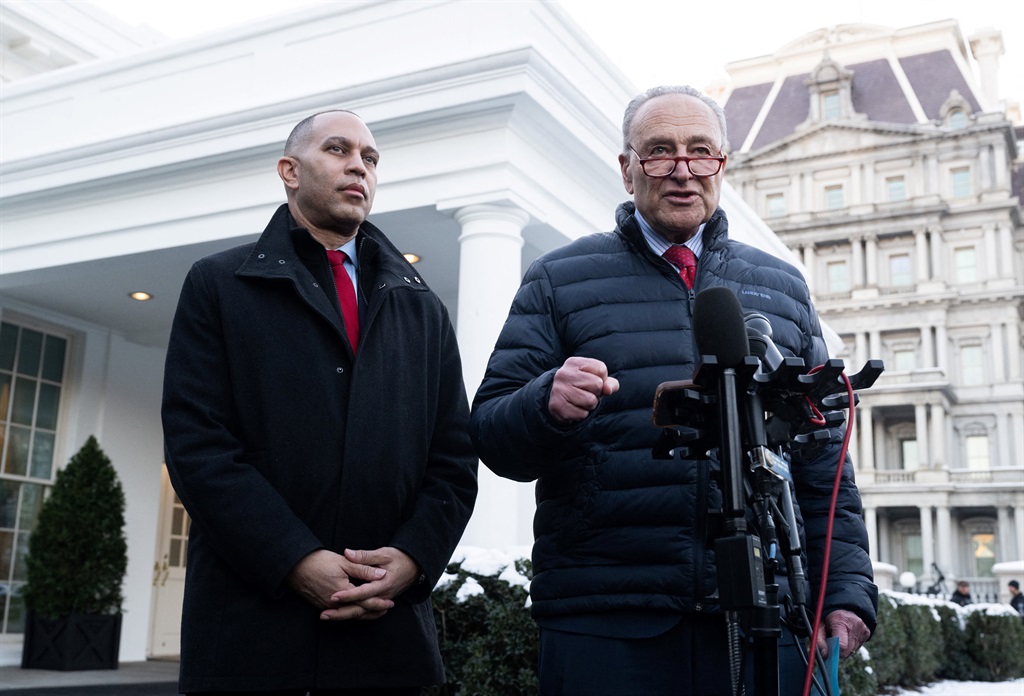 US Senate Majority Leader Chuck Schumer and US House Democratic Leader Hakeem Jefferies, speak to reporters following a meeting with President Joe Biden about government funding, including border security and aid to Ukraine.