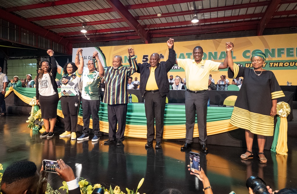 The newly elected ANC top 7 stand together for a photo at the party's 55th National Elective Conference at Nasrec, Johannesburg, 19 December 2022. 