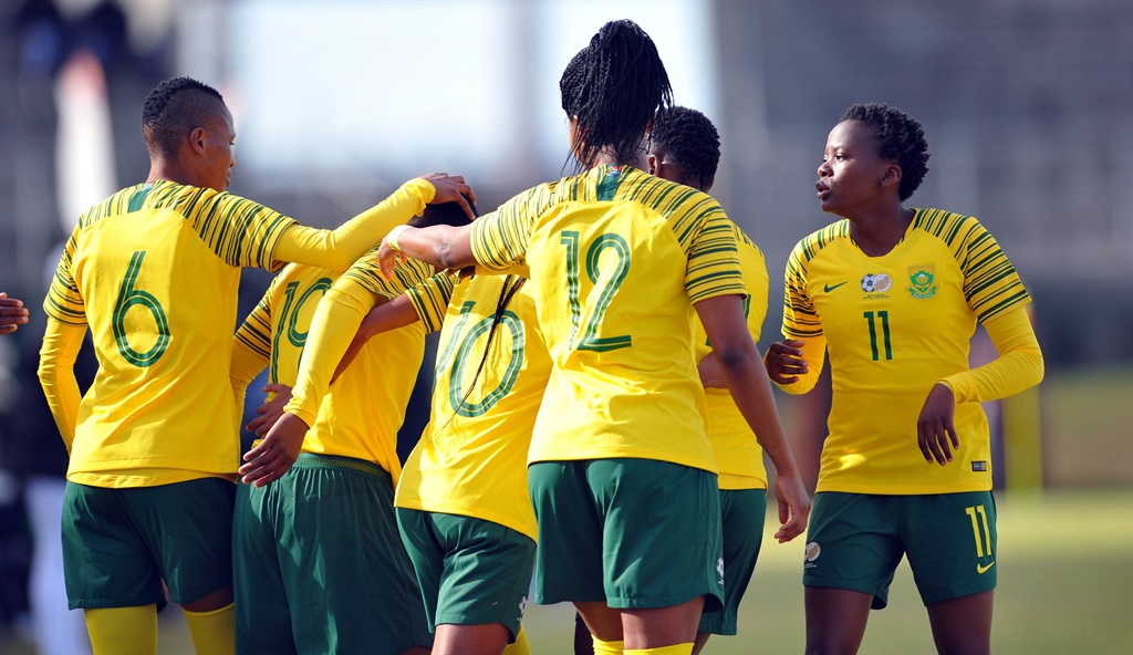 Linda Motlhalo of South Africa celebrates goal with teammates during COSAFA Womens Championship 