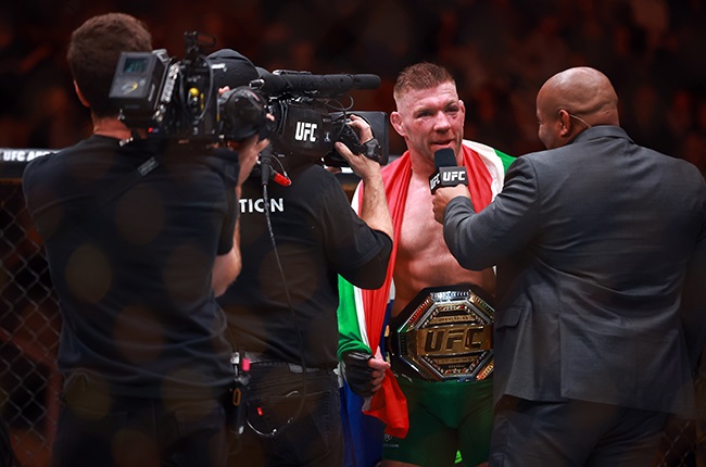 South African mixed martial arts competitor Dricus du Plessis being interviewed after his landmark UFC middleweight title win over Sean Strickland in Toronto on Sunday. 
