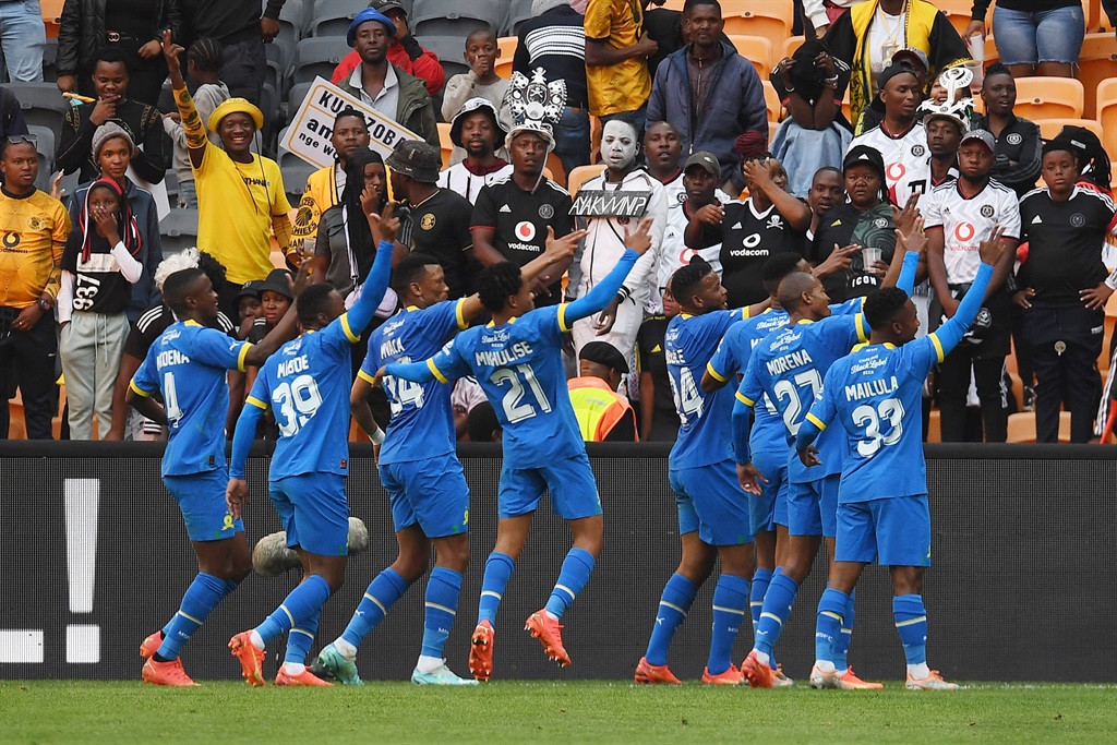 Grant Kekana of Mamelodi Sundowns celebrates his goal with teammates during the Carling Black Label Cup. 
(Photo by Lefty Shivambu/Gallo Images)