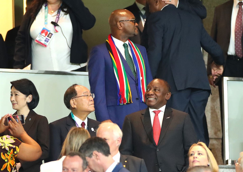Cyril Ramaphosa is seen in the stands next to Fujio Mitarai, 2019 Rugby World Cup Organizing Committee chairperson, during the Rugby World Cup 2019 Final between England and South Africa at International Stadium Yokohama on November 2 2019 in Yokohama, Kanagawa, Japan.Picture: Cameron Spencer/Getty Images