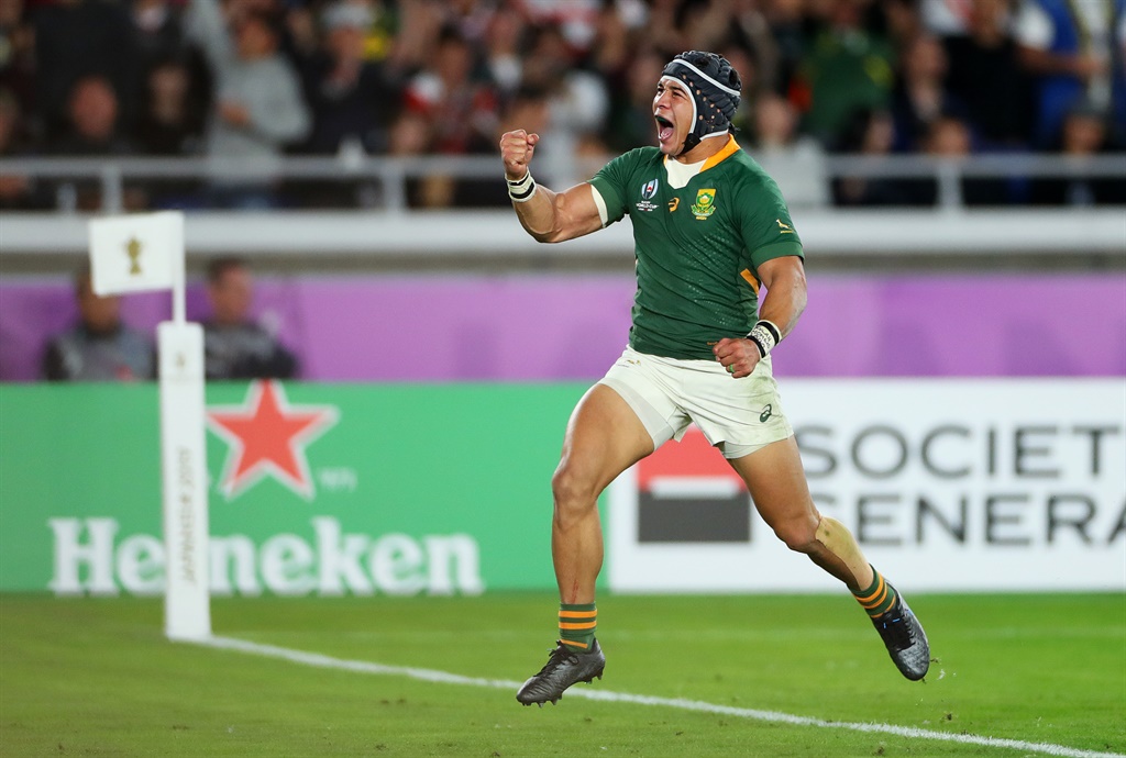 Cheslin Kolbe celebrates after scoring his teams second try during the Rugby World Cup 2019 Final between England and South Africa. Picture: Dan Mullan/Getty Images