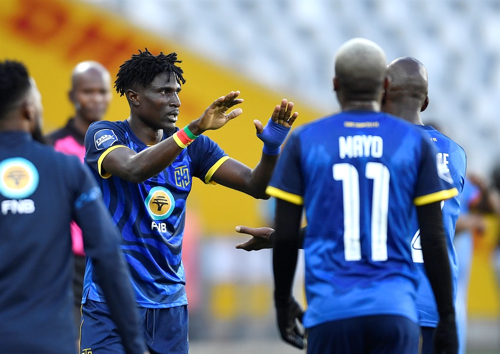 CAPE TOWN, SOUTH AFRICA - DECEMBER 30: Bertrand Mani of CTCFC celebrates after scoring a goal during the DStv Premiership match between Cape Town City FC and Royal AM at DHL Stadium on December 30, 2022 in Cape Town, South Africa. (Photo by Ashley Vlotman/Gallo Images)