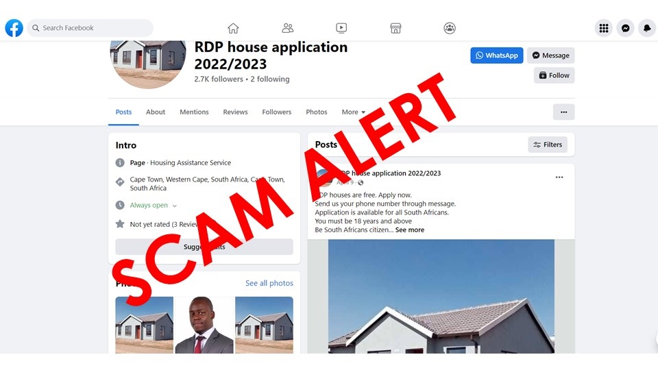 The Western Cape Government urges residents to be aware of online housing scams that requests you to pay for government housing assistance.