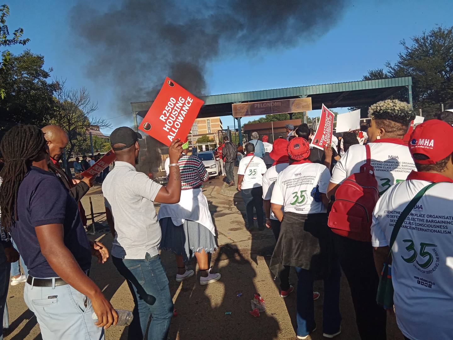 Nehawu members during a protest at the main gate of Pelonomi Hospital in Bloemfontein.