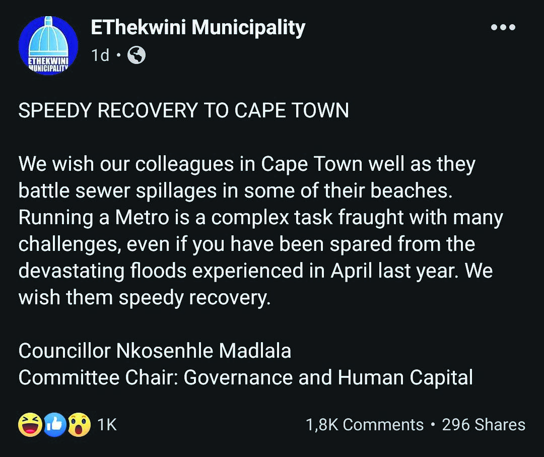The statement that was shared by the Thekwini Municipality which was met by a backlash on social media.        Photo from Ethekwini                     Facebook page