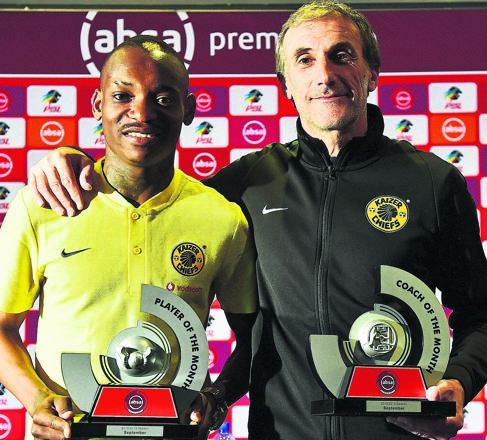 Khama Billiat and his Kaizer Chiefs coach Giovanni Solinas snuggle up for a photo after being voted Player and Coach of the Month respectively.Photo byThemba Makofane