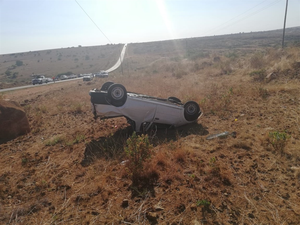 An accident scene where five pupils died when a white Nissan NP200 bakkie they were travelling in rolled several times. Photos supplied SAPS.