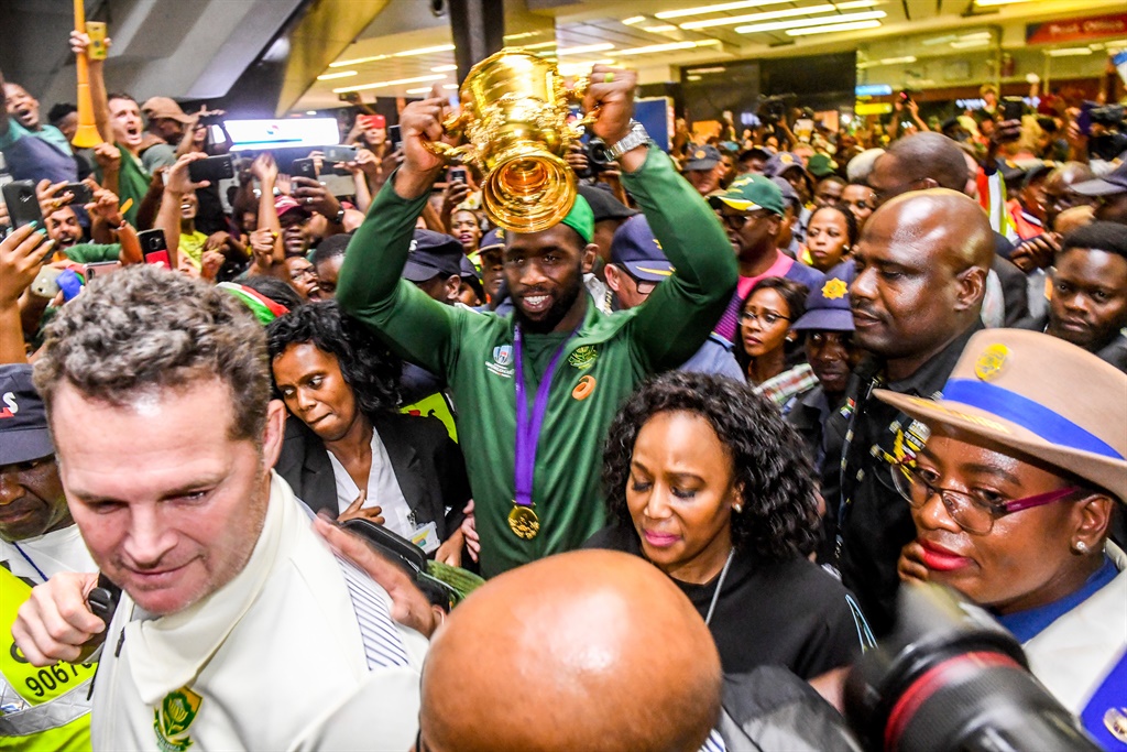Siya Kolisi and the Springboks during the team's arrival media conference at OR Tambo International Airport. (Sydney Seshibedi/Gallo Images)