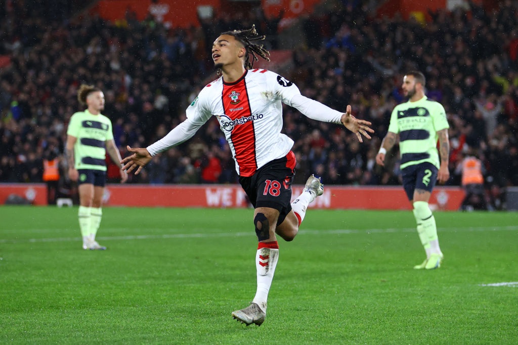 SOUTHAMPTON, ENGLAND - JANUARY 11: Sekou Mara of Southampton celebrates after scoring their sides first goal during the Carabao Cup Quarter Final match between Southampton and Manchester City at St Marys Stadium on January 11, 2023 in Southampton, England. (Photo by Michael Steele/Getty Images)