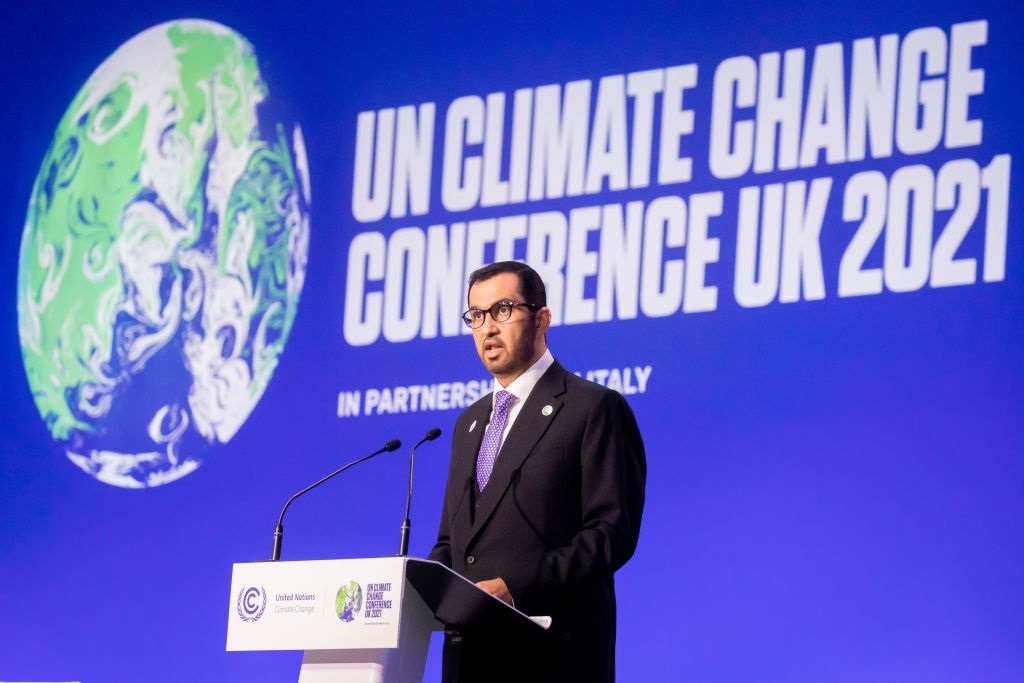 Sultan Ahmed al-Jaber speaks at the UN Climate Change Conference COP26 in Glasgow.