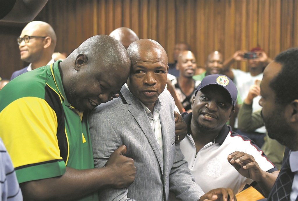 Supra Mahumapelo and his supporters celebrate after the court ruled that the  decision to disband the ANC's North West PEC was unlawful Picture: Felix Dlangamandla