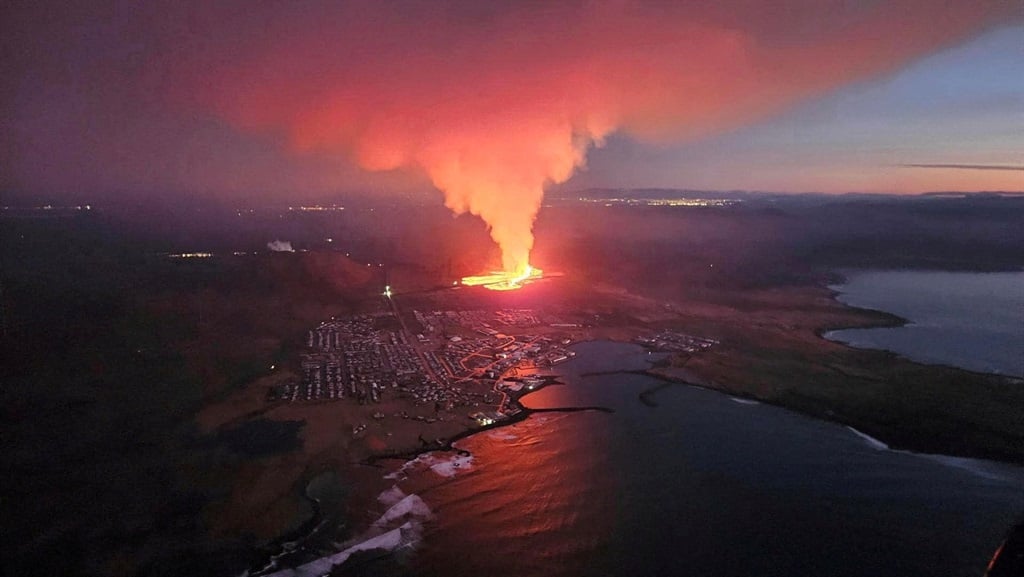 A volcano spews lava and smoke as it erupts in Reykjanes Peninsula, Iceland, January 14, 2024. Iceland Civil Protection/Handout via REUTERS