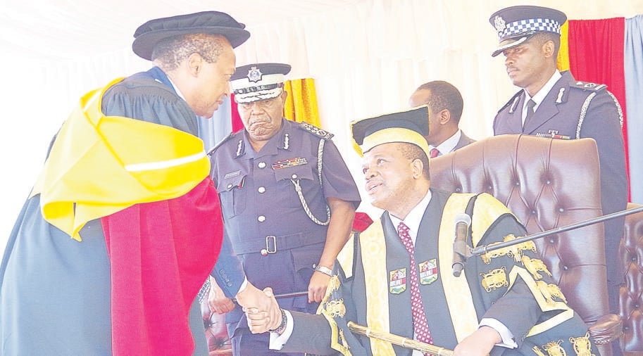 INVESTMENT Businessman Patrice Motsepe shakes hands with King Mswati III during the 38th University of eSwatini graduation ceremony last week. Picture: Ntokozo Agongo