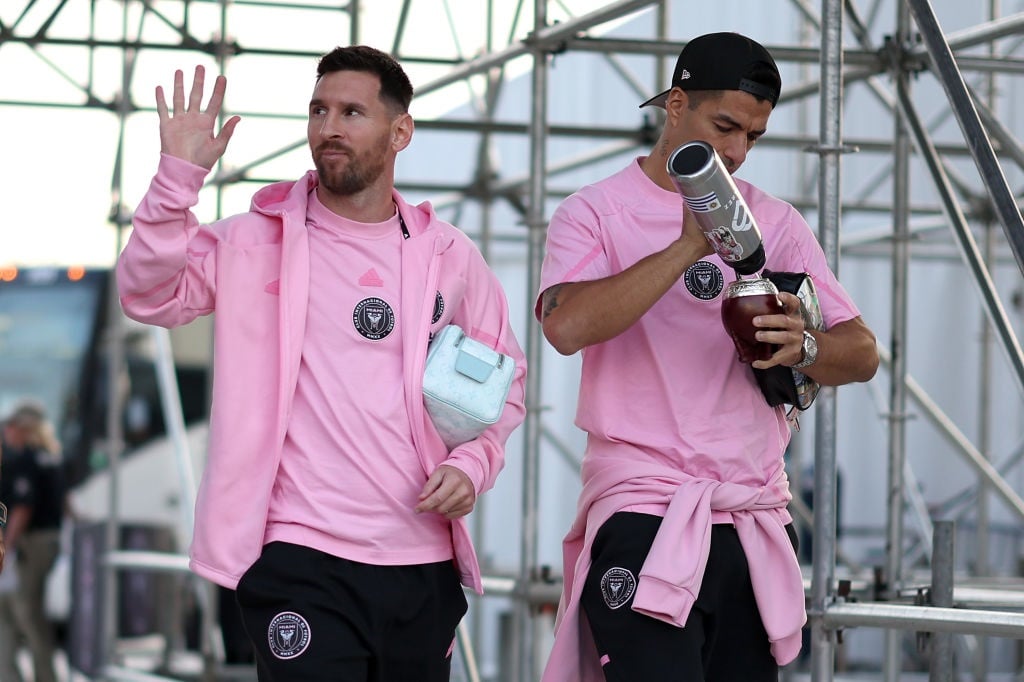 FORT LAUDERDALE, FLORIDA - MARCH 13: (L-R) Lionel Messi #10 and Luis Suarez #9 of Inter Miami CF arrive prior to the Concacaf Champions Cup Round of 16 match at Chase Stadium on March 13, 2024 in Fort Lauderdale, Florida. (Photo by Brennan Asplen/Getty Images)