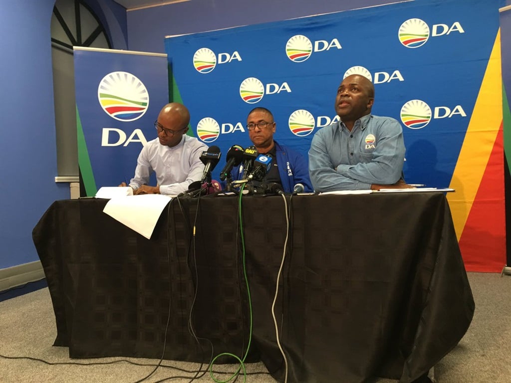 DA campaign spokesperson, Solly Malatsi, the party’s One South Africa Spokesperson on Immigration Jacques Julius, and DA premier candidate and Tshwane Mayor Solly Msimanga. Picture: Twitter/@SollyMsimanga 