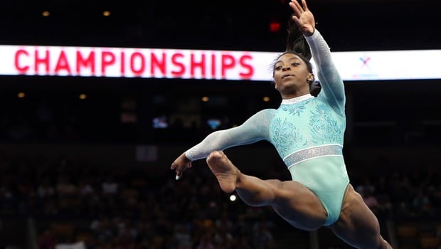 Simone Biles competes on the floor exercise at the U.S. Gymnastics Championships in Boston.