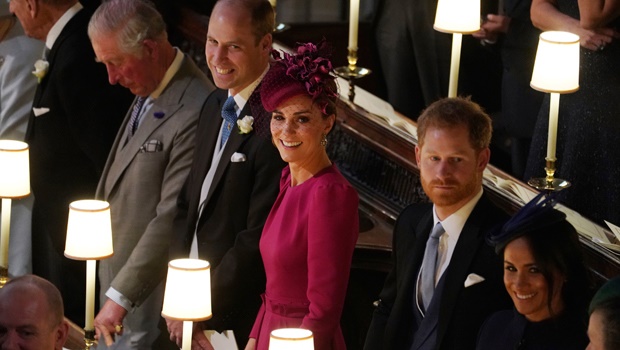 Prince Charles, Prince William, Kate, Duchess of Cambridge, Britain's Prince Harry and Meghan, Duchess of Sussex, from left, attend the wedding of Princess Eugenie of York and Jack Brooksbank in St George’s Chapel