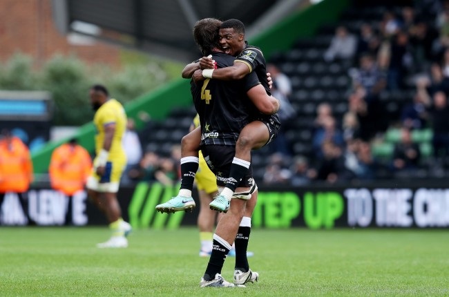 Sharks lock Eben Etzebeth of and his teammate, scrumhalf Grant Williams celebrate victory over Clermont in their Challenge Cup semi-final at Twickenham Stoop on Saturday. (Henry Browne/Getty Images)