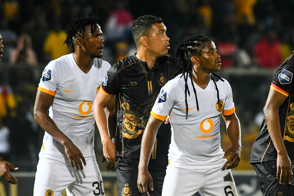 Siyabonga Ngezana of Kaizer Chiefs, Ricardo Nascimento of Royal AM and Siyethemba Sithebe of Kaizer Chiefs during the DStv Premiership match between Royal AM and Kaizer Chiefs at Chatsworth Stadium on August 06, 2022 in Durban, South Africa. 