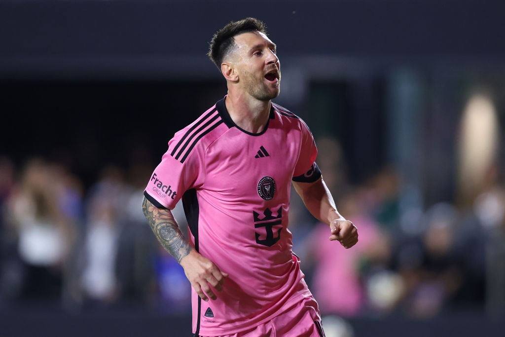 FORT LAUDERDALE, FLORIDA - MAY 04: Lionel Messi #10 of Inter Miami CF celebrates a goal scored by Luis Suarez #9 against the New York Red Bulls during the second half in the game at DRV PNK Stadium on May 04, 2024 in Fort Lauderdale, Florida. (Photo by Megan Briggs/Getty Images)