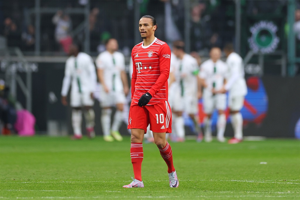 MOENCHENGLADBACH, GERMANY - FEBRUARY 18: Leroy Sane of FC Bayern Munich looks dejected after Jonas Hofmann (not pictured) of Borussia Moenchengladbach scores the teams second goal during the Bundesliga match between Borussia MÃ¶nchengladbach and FC Bayern MÃ¼nchen at Borussia-Park on February 18, 2023 in Moenchengladbach, Germany. (Photo by Lars Baron/Getty Images)
