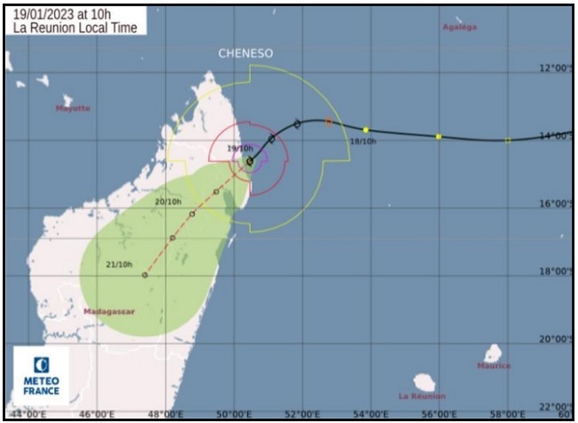 Tropiese storm Cheneso soos wat dit vanoggend 08h00 sigbaar was op die RSMC La Reunion-satelliet. Bron: Suid-Afrikaanse Weerdiens