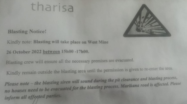 A blasting notice provided to community members by