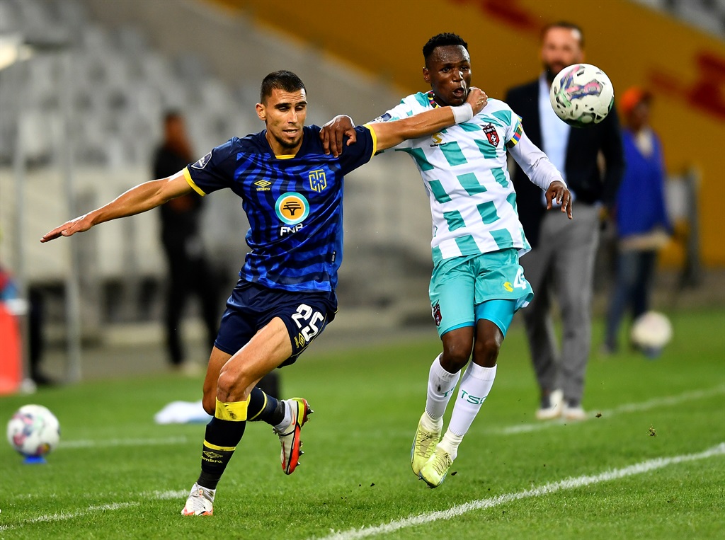 CAPE TOWN, SOUTH AFRICA - JANUARY 20: Lorenzo Gordinho of CTCFC and Mahlangu Macbeth of TS Galaxy FC during the DStv Premiership match between Cape Town City FC and TS Galaxy at DHL Stadium on January 20, 2023 in Cape Town, South Africa. (Photo by Ashley Vlotman/Gallo Images)