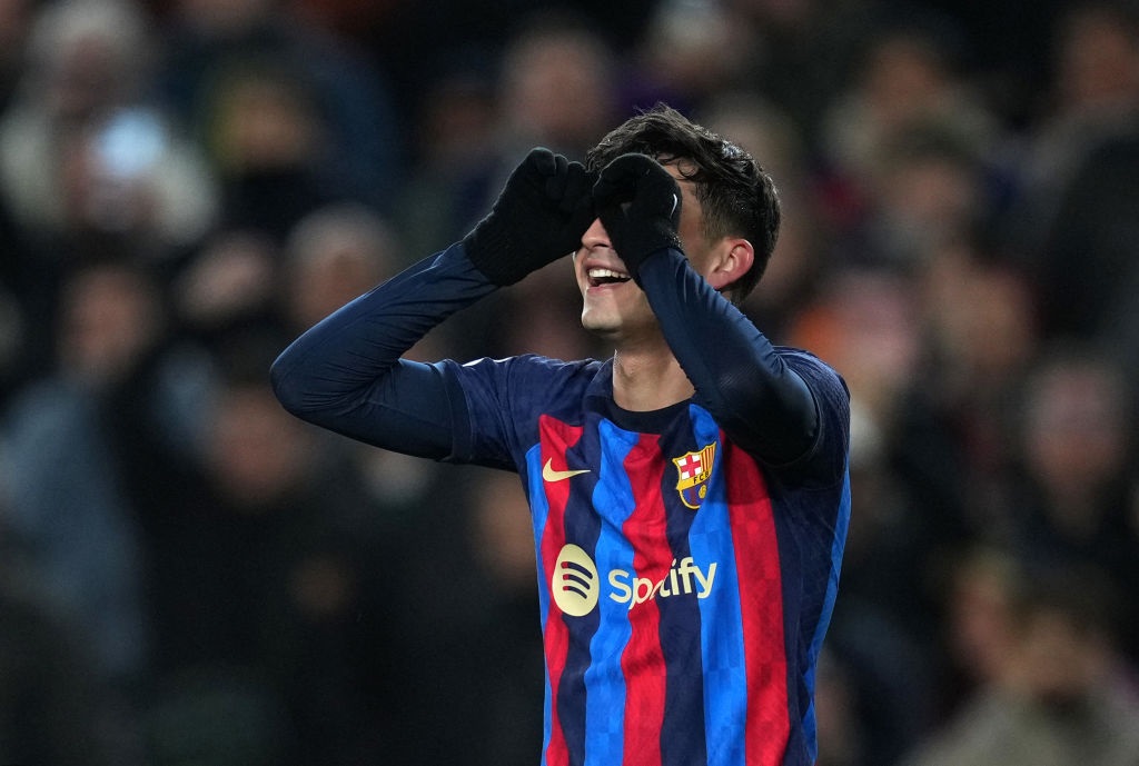 BARCELONA, SPAIN - JANUARY 22: Pedri of FC Barcelona celebrates after scoring the teams first goal during the LaLiga Santander match between FC Barcelona and Getafe CF at Spotify Camp Nou on January 22, 2023 in Barcelona, Spain. (Photo by Alex Caparros/Getty Images)