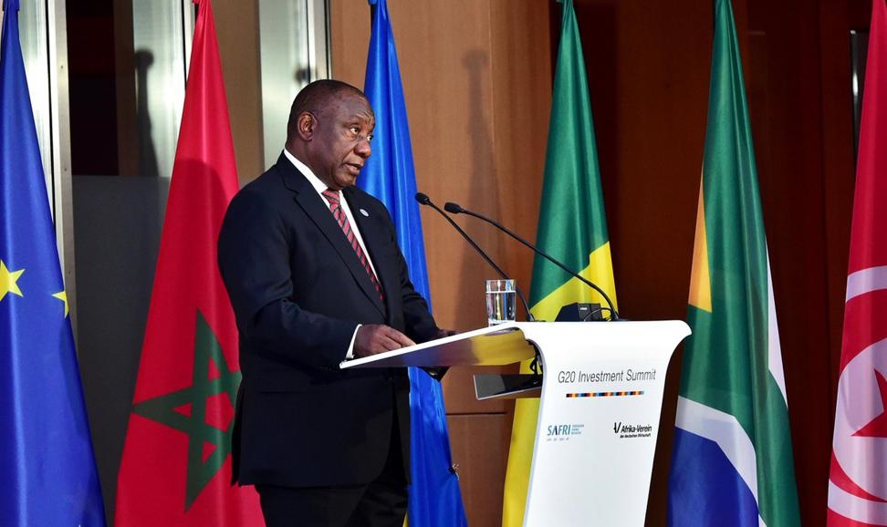 Co-chair of the G20-Africa Advisory Group, President Cyril Ramaphosa, addressing the G20 Investment summit in Berlin (October 30 2018). Picture: SA Govnews
