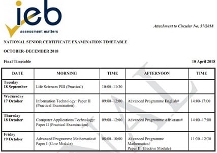 The 2018 IEB matric exam timetable 