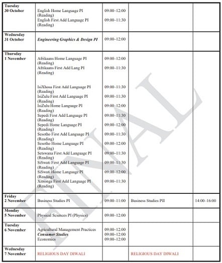 The 2018 IEB matric exam timetable 
