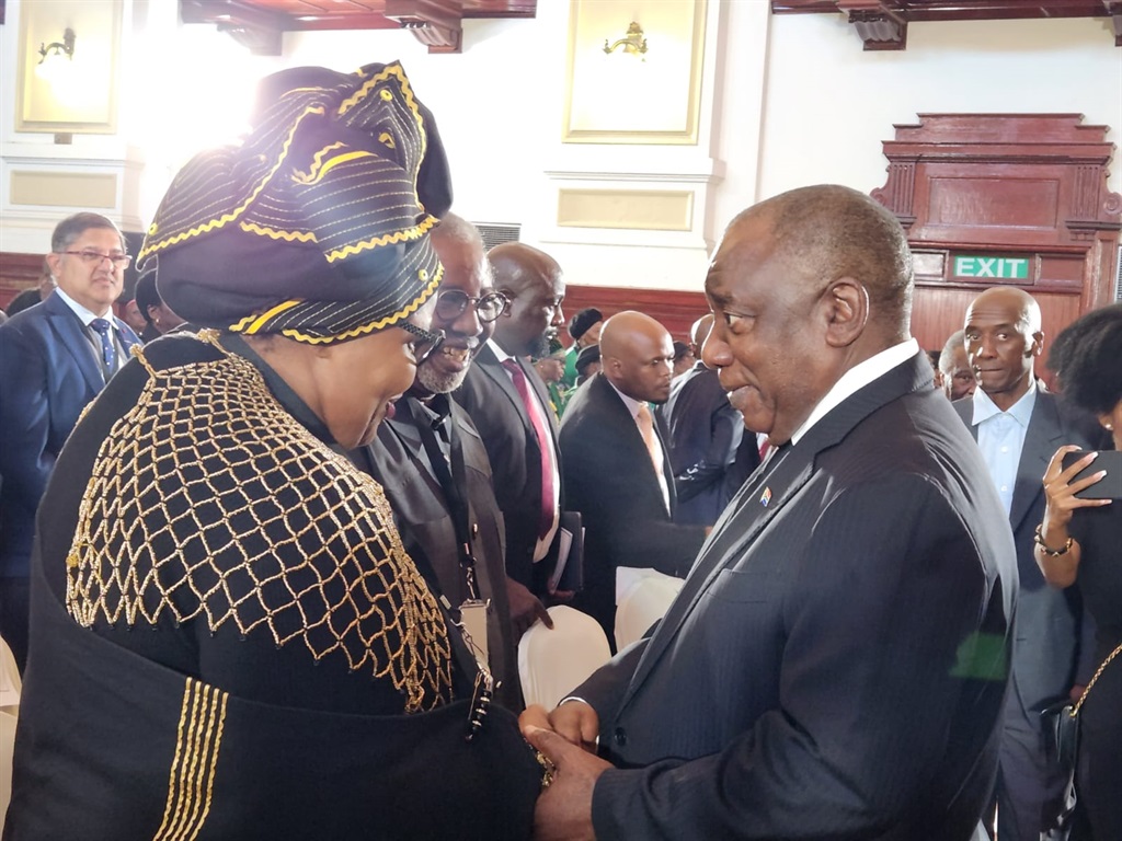 ANC parliamentary chief whip Pemmy Majodina greets President Cyril Ramaphosa at the memorial service in honour of former National Assembly speaker Frene Ginwala in Johannesburg on 24 January 2023.